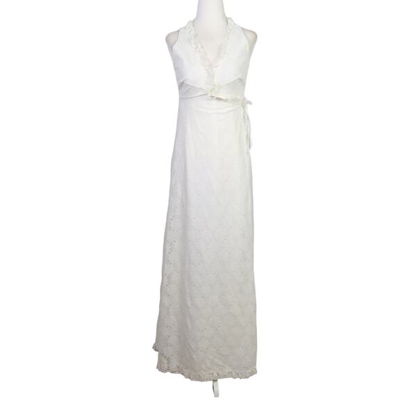 Vintage 70s Figurettes white daisy floral lace wrap front maxi robe XS - Picture 1 of 6